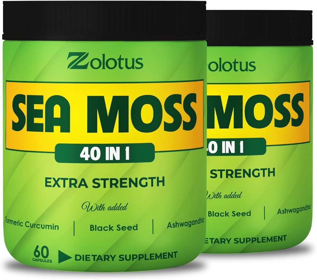 Zolotus (2 iepakojumi 60 kapsulas Sea Moss Papildinājums 40 in 1, ar Turmeric Curcumin, Ashwagandha Root, Bladderwrack imūnās sistēmas, ķermeņa līdzsvaru un sirds veselību