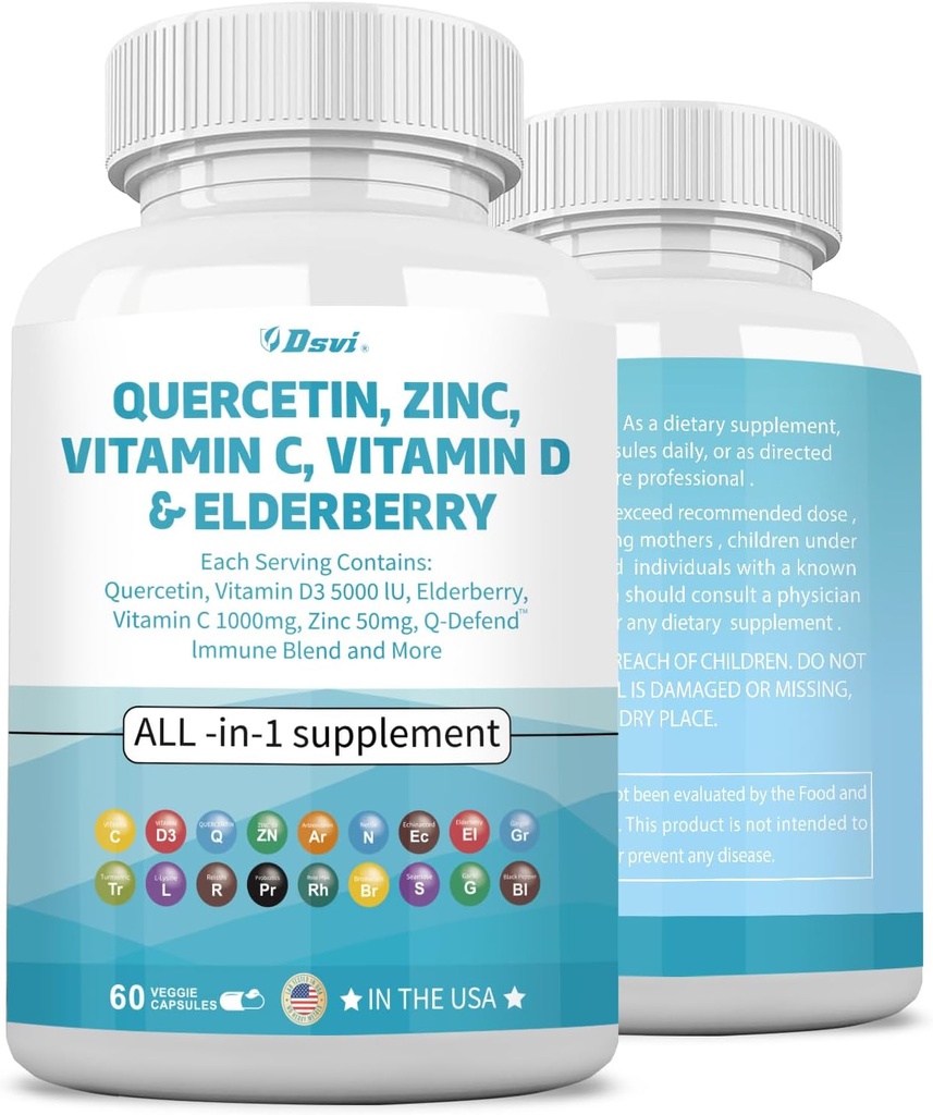 Quercetin 1000mg Cinka 50mg C vitamīns 1000mg D vitamīns 5000IU Imūnsistēmas atbalsta papildinājums ar Echinacea Ginger Bromelain Sea Moss Ķiploki Nattle Vegan kapsulas vīriešiem un sievietēm,60 Skaits ASV