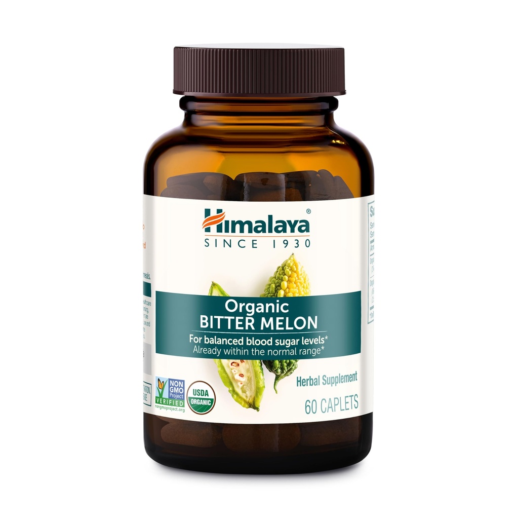 Himalaya Organic Bitter Melon - augu izcelsmes glikozes vielmaiņas atbalsts - USDA Organic, ne-GMO, Vegan, bez lipekļa, bez piedevas, 660 mg, 60 Caplets