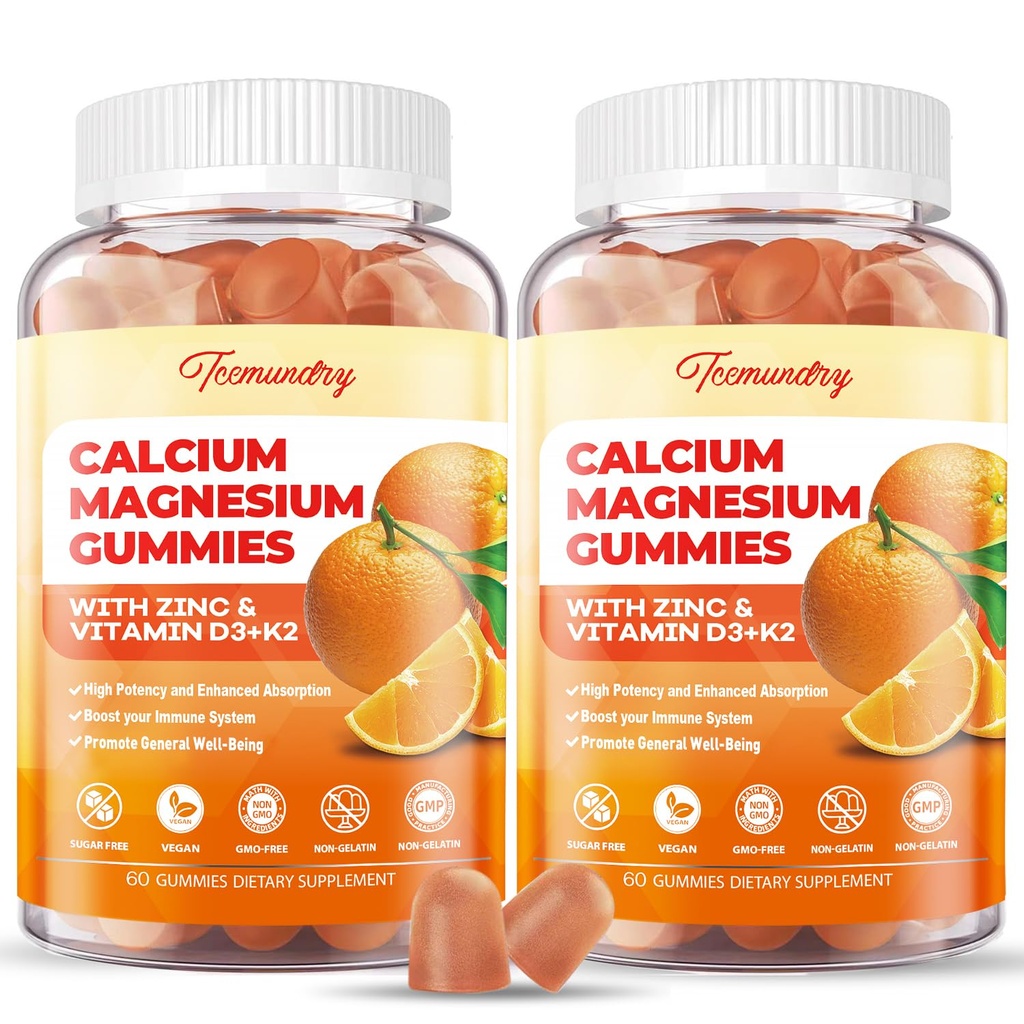 Kalcija magnija cinka Gumijas ar vitamīnu D3 & K2 - Augsta Absorbcija Magnijs Glicerīns 400mg - Bezcukura kalcija papildinājums - Atbalsts nervu muskuļu Mood & Immunity - pieaugušajiem Vīriešiem Sievietes Bērni