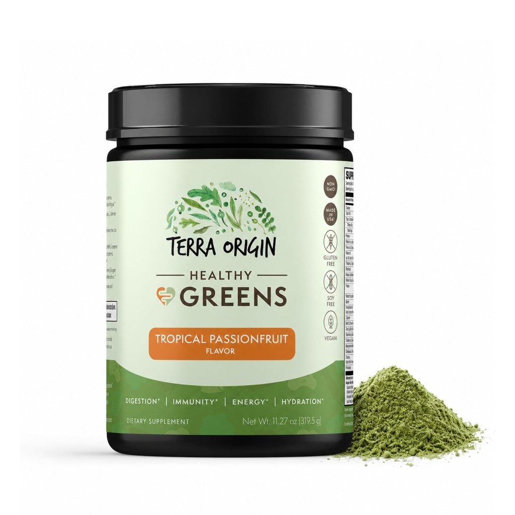 TERRA IZCELSMES Veselīgi zaļie pūdera papildinājums ; Superfood Gremošanas Enzīmi un probiotikas Blends ; Imūnās, Gut, un Gremošanas Atbalsts sievietēm ; Tropu Passion Augļi (30 Kalpo)