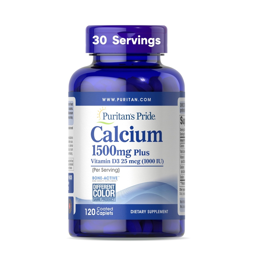 Puritan's Pride Absorbējams kalcijs 1500 mg Plus vitamīns D3 25mkg 1000 SV, uztura papildinājums kaulu stiprumam, sirds, nervu, muskuļu un imūnās sistēmas atbalstam, 120 apvalkotas Caplets