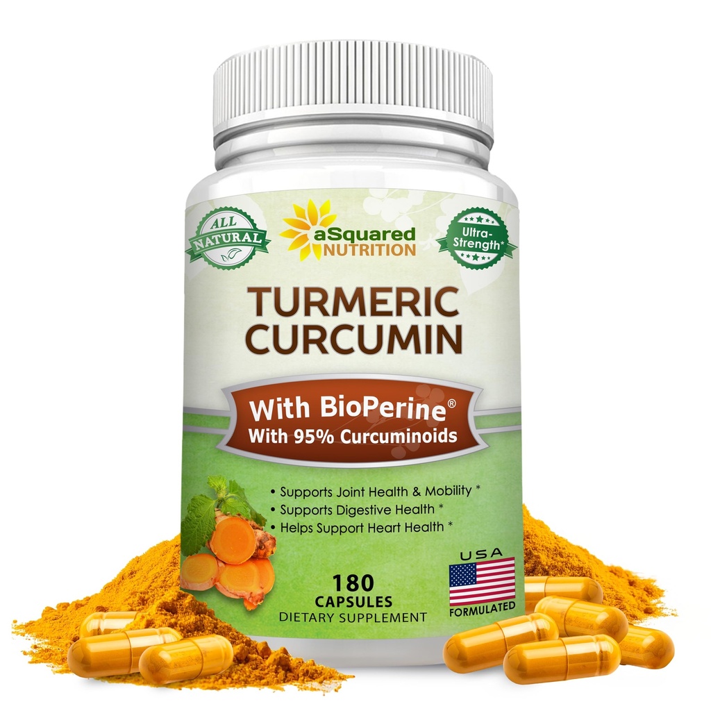aSquared Nutrition Turmeric Curcumin 1300mg ar BioPerine Black Pepper Extract - 180 Kapsulas - ar 95% kurkuminoīdiem, 100% Dabīgs Tumeric Saknes pulvera bagātinātāji, Tīrs un locītavu stīvums Tabletes