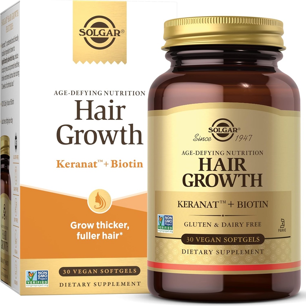 Solgar Matu augšanas papildinājums biezākai Fuller Hair ar Keranat Oil, Biotin, Cinka un vara, matu veselības papildinājums, vecuma novēršana Uzturs vīriešiem un sievietēm, 30 Kalpo