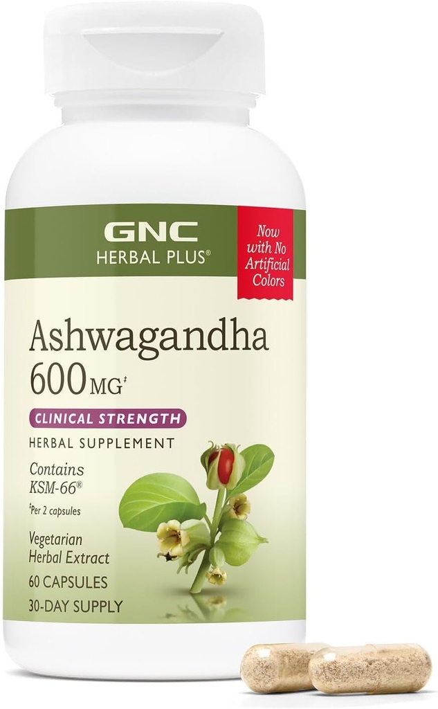 GNC Herbal Plus Ashwagandha 600mg Papildinājums, Klīniskā Stress, Veģetārs, Stress Relief Support, 30 Kalpo