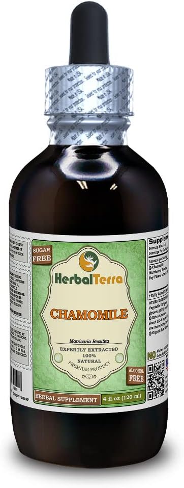 Kumelīte (Matricaria Recutita) Glicerīts, Organiski žāvēti ziedi Bezspirta šķidruma ekstrakts (zīmuļa nosaukums: HerbalTerra, Proudly Made in USA) 4 fl.oz (120 ml)