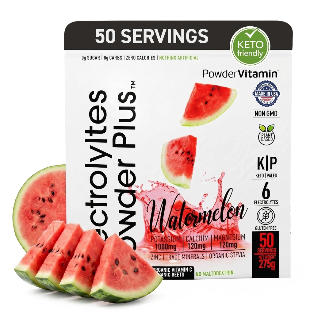 Elektrolītu pulveris Plus (50 Pasniedz), 0 Calorie Keto, 0 Cukurs, Nē Maltodekstrīns, 1000mg Kālija,120mg Kalcijs,120mg Magnijs, Hidratācijas pulveris (50 Pasniedz, arbūzs)