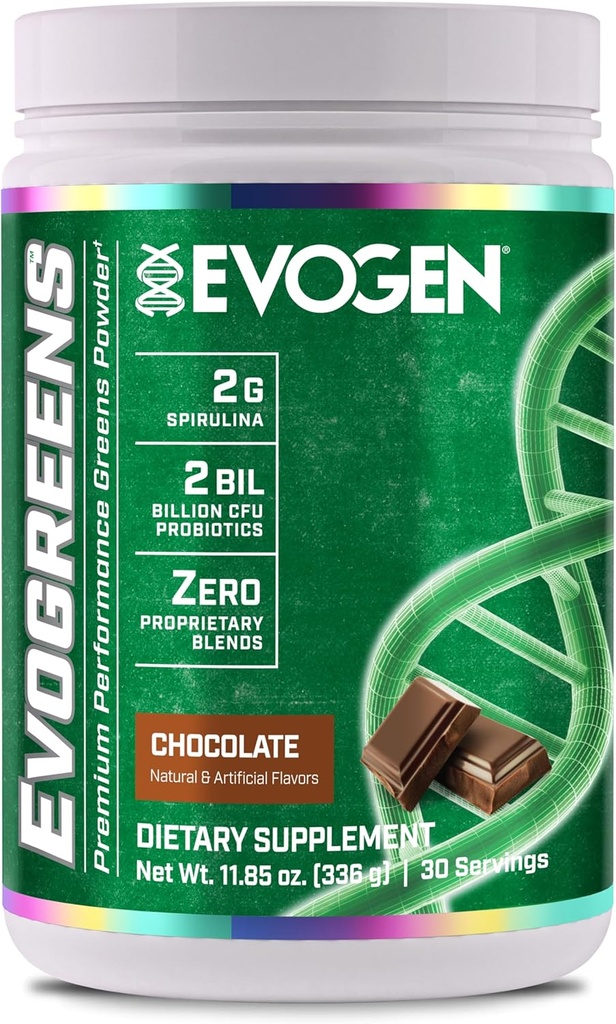Evogen Evogreens ” Premium Performance Greens Superfood, Spirulina, Granātābols, Probiotikas, Kale ” 30 Servējumi (šokolāde, 30 Servē)