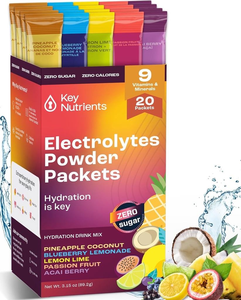KEY NUTRIENTS Elektrolīti Pulvera iepakojumi Nr. Cukurs - 5 Garšīgi uzliesmojumi hidrācijas iepakojumos 20 Pack - Nav kaloriju, bez lipekļa Elektrolītu pulvera iepakojumi, ne ĢMO, Ražots ASV