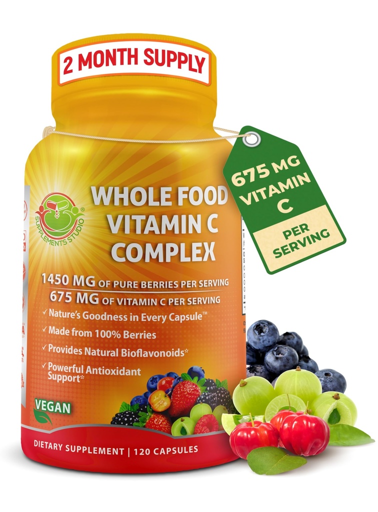 Vesels pārtikas C vitamīna komplekss - 1450mg Organiskās ogas - 675 mg C vitamīna uz vienu apkalpo, augstas devas Antioksidants un imūno Support ar Acerola, Amla un Natural Bioflavonoids - Vegan, Non-GMO, 120 Count