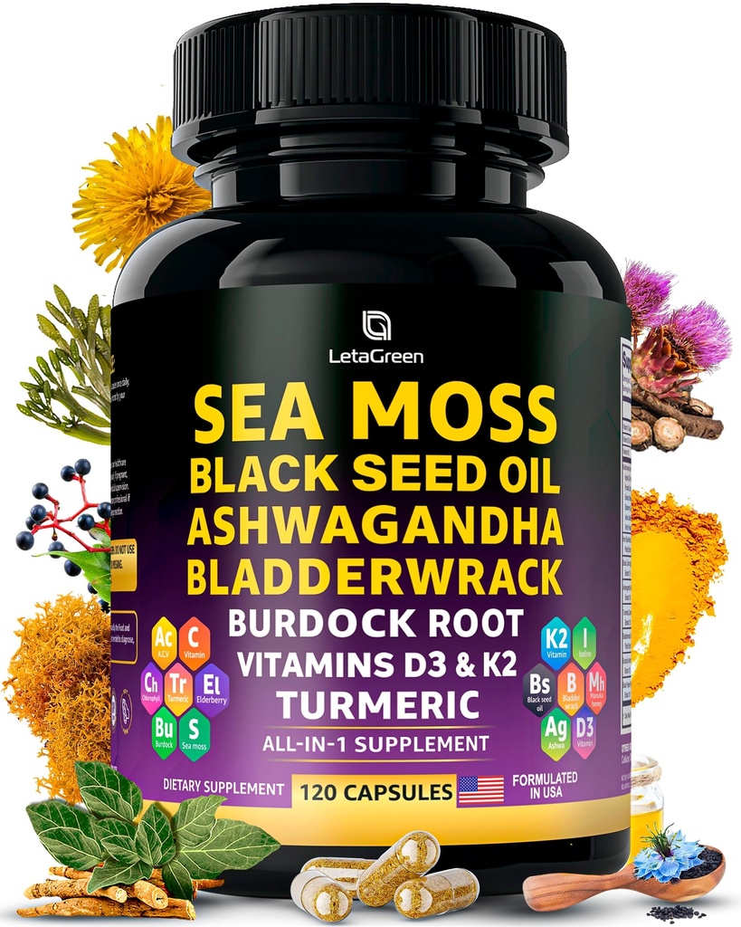 Sea Moss Capsules – 17-in-1 Blend with Black Seed Oil Ashwagandha Bladderwrack Burdock Saknes Turmeric vitamīns D3 K2 C ikdienas labsajūtai – Multiminerāls papildinājums vīriešiem un sievietēm – 120 grāfs