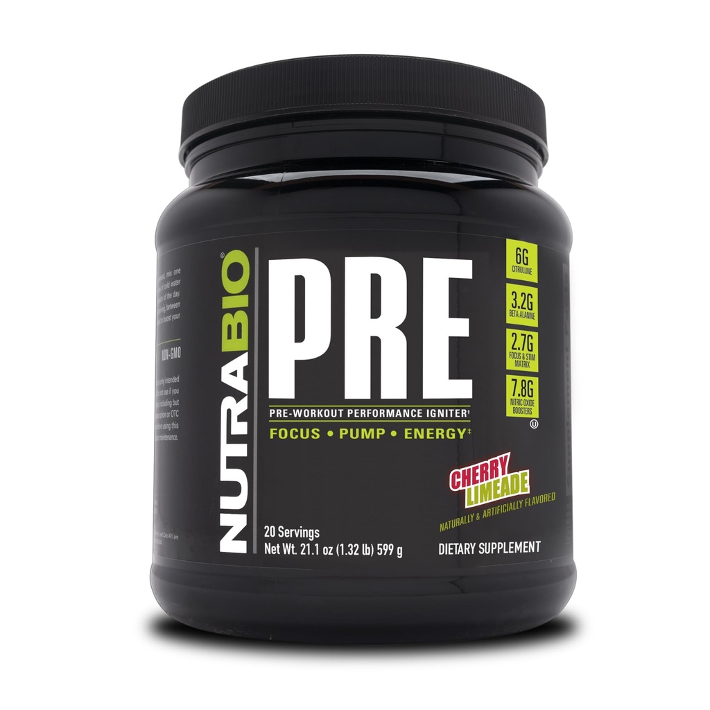 NutraBio PRE Workout pulveris - Old Formula- ilgstoša enerģija, mentālā fokusa, izturība - Beta Alanine, kreatīns, kofeīns, elektrolīti - 20 Kalpojumi - Ķiršu Limade