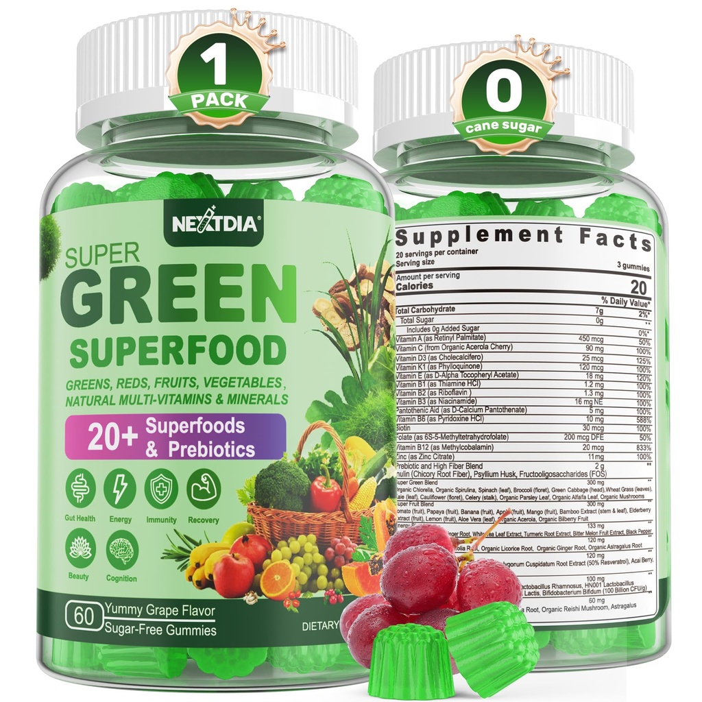 Super Zaļie Gumijas, Zaļie Superfood Pulveris Alternatīva w/Spirulina, Hlorella, Prebiotic Fiber, Probiotika, Augļu Veggie, Dienas Zaļie Dārzeņi gremošanas un zarnu veselību, Imunitāte, Focus, 60 Cts