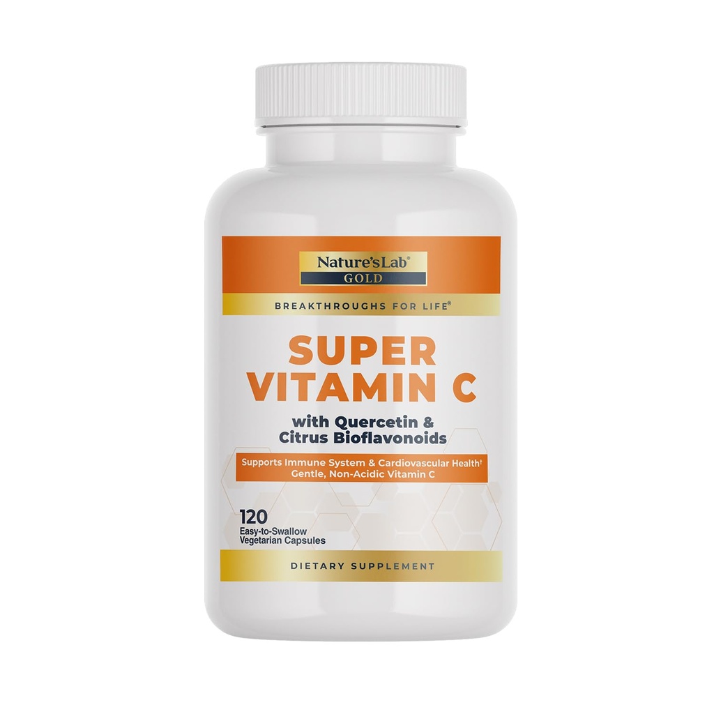 Dabas Lab Gold Super C vitamīns 1000mg – Imūnās sistēmas atbalsts – Satur Bioflavonoids Complex & Quercetin – ne-Acidic, ne-GMO, bez lipekļa, Vegan – 120 kapsulas (2 mēnešu piegādes)