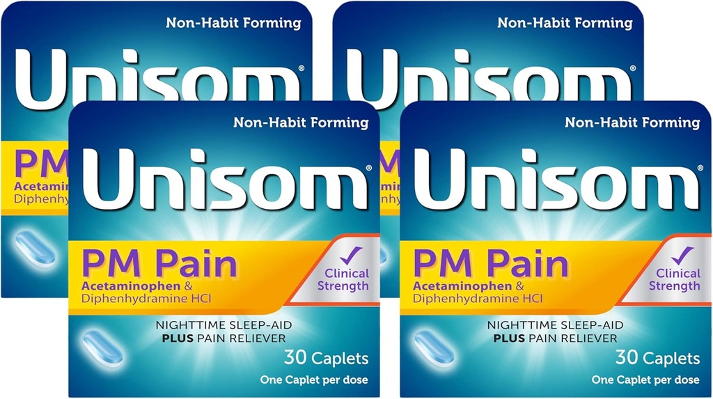 Unisom PM Sāpes Nakts miega režīms + sāpes Reliver, Acetaminofēns un difenhidramīns HCI, 30 Caplets, 50 mg (iepakojums no 4)