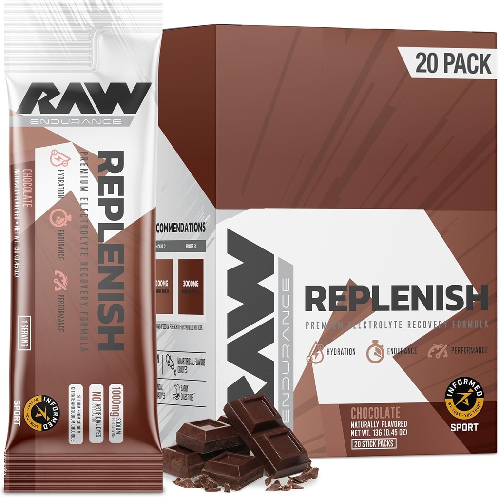 RAW papildināti paciņas, Premium Elektrolītu pulvera atgūšanas formula, Šokolāde (20 Stick Packs) - Aromatizēts elektrolītu dzērienu maisījums hidrācijai, papildināšanai, izturībai un veiktspējai