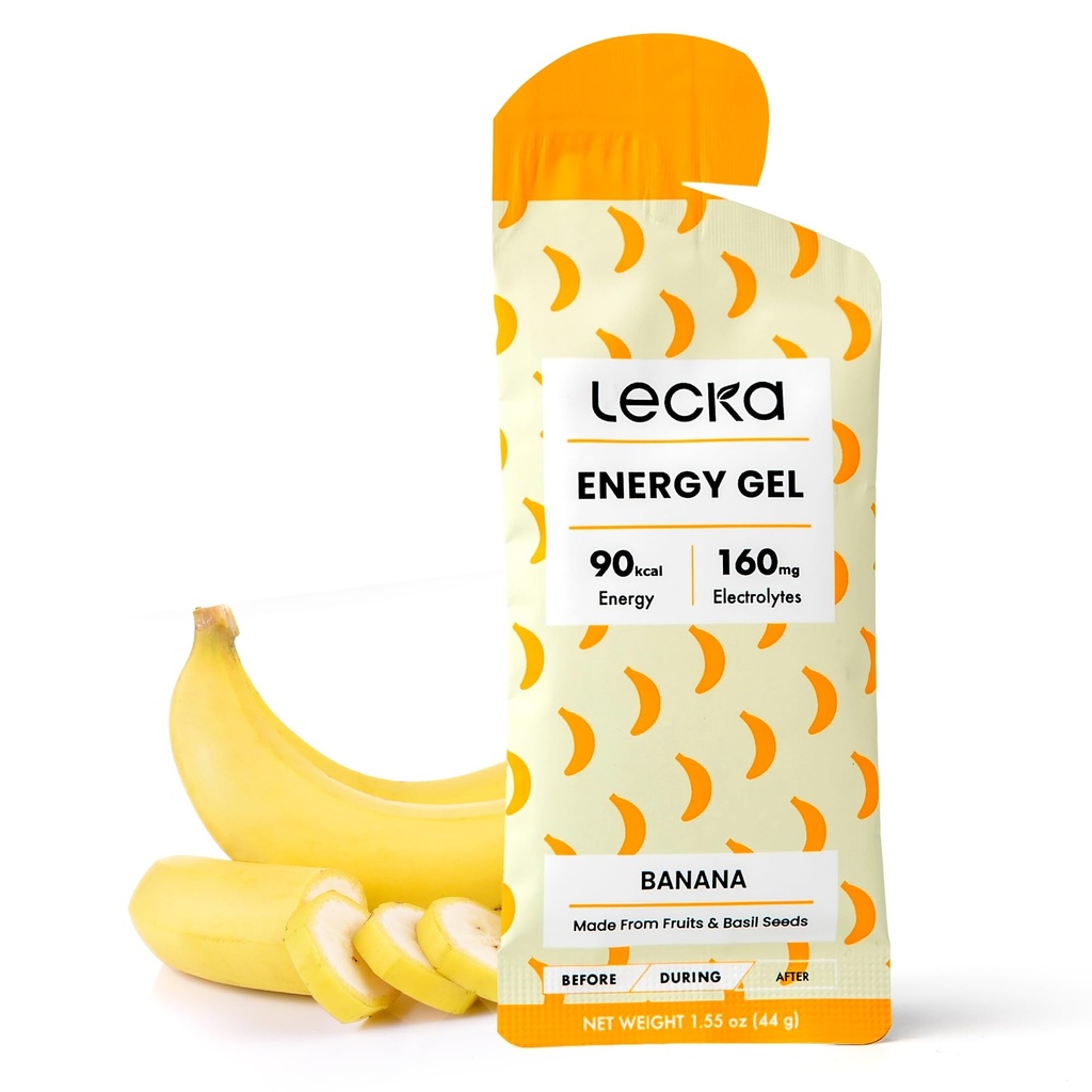 Lecka Energy Gel, 12 gels - , Izturības vingrinājums, izgatavots no reāliem augļiem un Baziliks sēklas, nodrošina dabas enerģiju un elektrolīti (12 gels, banānu)