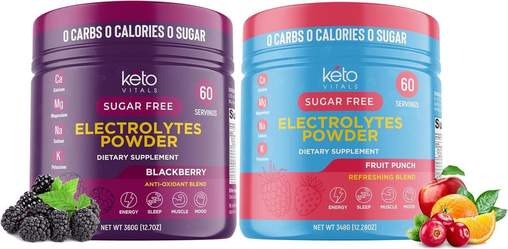 Keto Vitals BlackBerry Bandle ar augļu pūderi - 2 iepakojumi Bandle Keto Elektrolīti Pulveris - Keto-Draudzīgi Elektrolīti ar kāliju, magniju, nātriju, kalciju - melnsBerry & Fruit Punch
