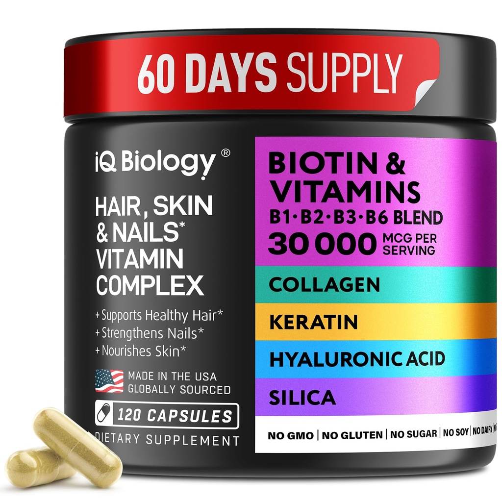 Biotīns matu augšanai Sievietes un vīrieši ar keratīnu, kolagēna komplekss 30000 μg – Kapsulas matu izkrišanai un biezākam biezumam – āda un nagi Vitamīni, biotīns 10000mkg un kolagēna piedevas - 120 tabletes
