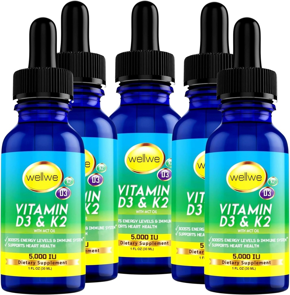 Šķidrs vitamīns D3 K2 Drops 5000 SV - Vegan, No Garša, No Odor, Bez sojas, Bez lipekļa, Ne-GMO, 1000 SV pilienā, Palielina enerģijas līmeni un Imūnsistēmu, Atbalsta sirds veselību (5 iepakojums)