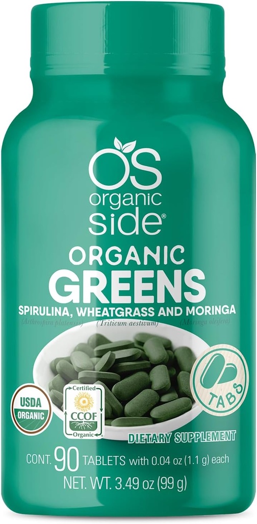Organic Greens (Spirulina, Whatgrass & Moringa) 90 tabletes - Bagātīgas ar vitamīniem un minerālvielām - Super Greens 1100 mg - Sertificēts USDA - neĢMO - Vegan