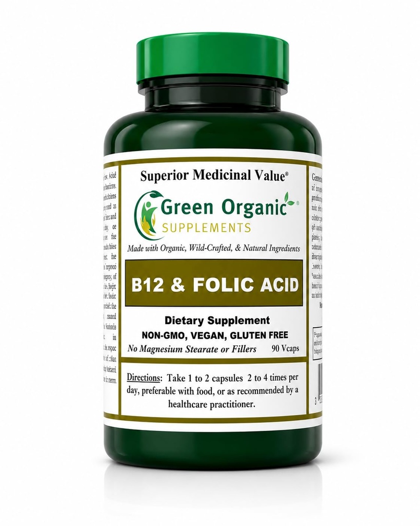 Green Organic papildinājumi (Pack-1) vitamīns B12 un folijskābe, 1000mcg, 90 VCaps, roku Made, Vegan, ne-ĢMO, atbalsta darbību nervu sistēmas, un integritāti ādas, matu un aknu