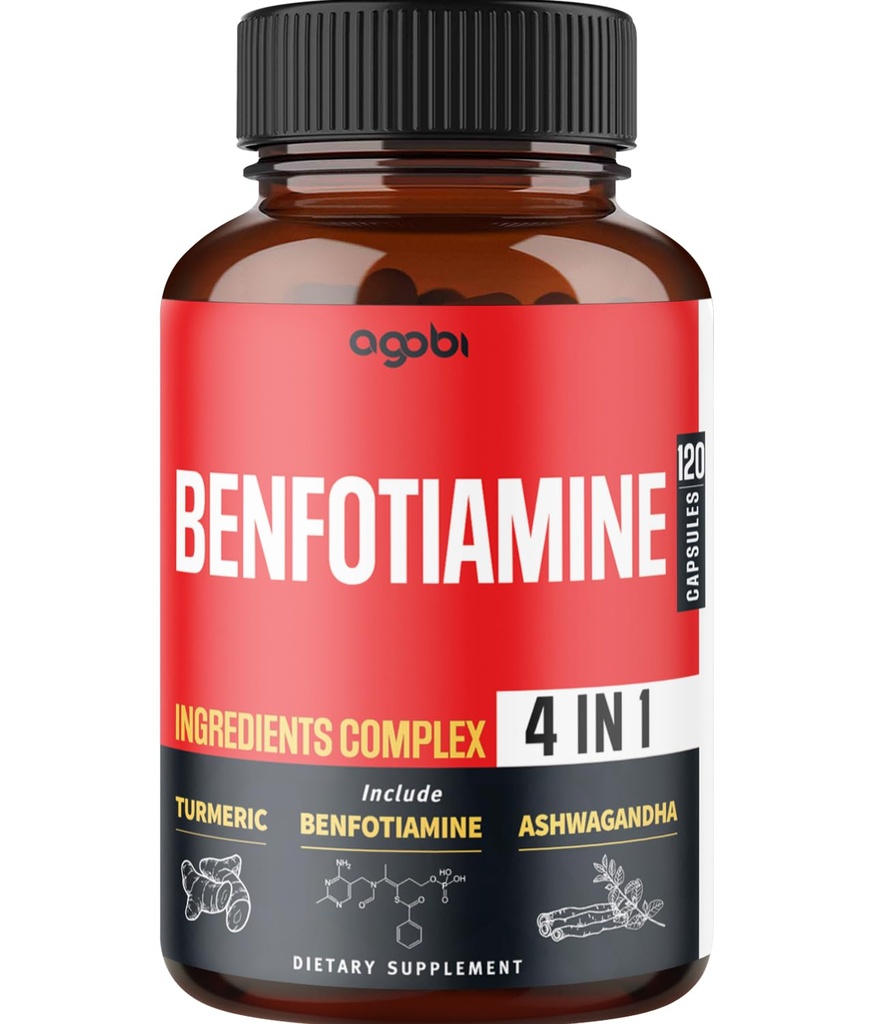 agobi 4in1 Benfotiamīna papildinājums - 2 mēneši, lai gremošanas, enerģijas ražošanas un imūnās - Plus Turmeric Curcumin Saknes, Ashwagandha Root & Organic Gymnema Sylvestre - 120 kapsulas