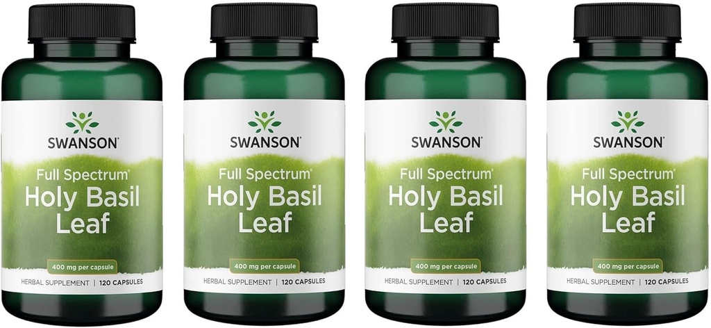 Swanson Holy Basil Leaf (Tulsi) - Stresa atbalsts un labsajūtas papildinājums - (120 kapsulas, 800 mg Per Serving) (4 iepakojumi)