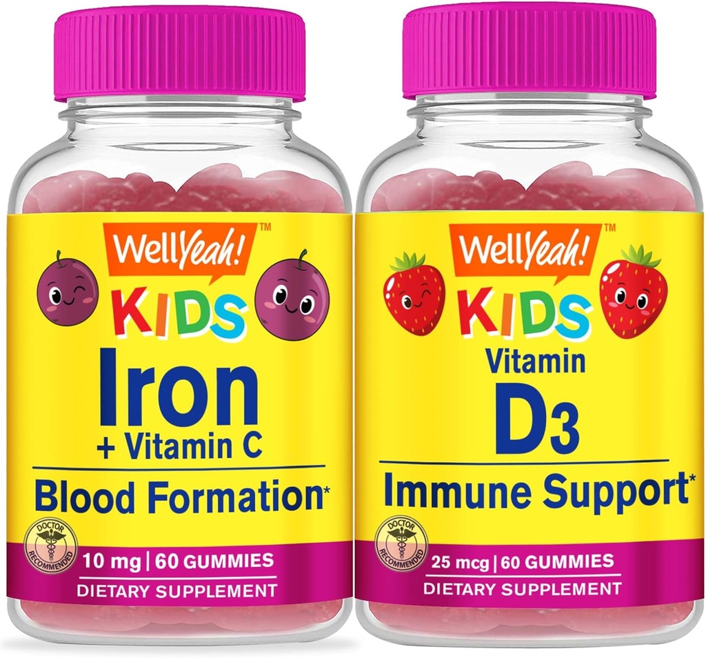 WellJā Dzelzs + vitamīns C Bērniem + vitamīns D3 Bērniem, Gumijas Bandle - Great Tasting, Vitamīnu Papildinājums, Bez lipekļa, bez ĢMO, košļājamā gumija