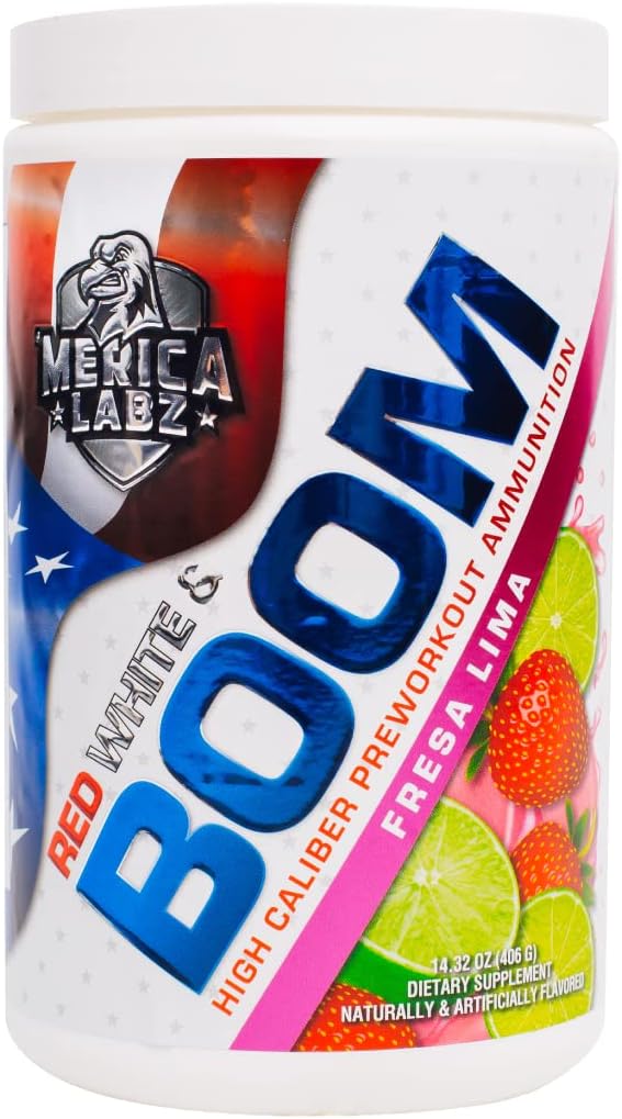 "Merica Labz Red, White, un Boom, High Caliber Pre Workout ar VasoDrive-AP®, 350mg kofeīns, Max enerģija, sūknis un Focus, palielināts asins plūsmas un muskuļu apjoms, 20 Kalpojumi (Fresa Lima)