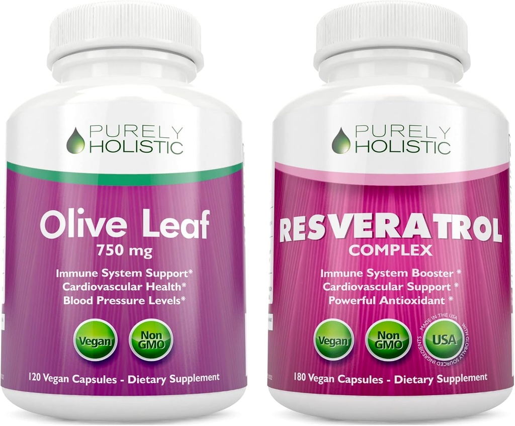 Purely Holistic Olive Leaf Extract 750mg + Resveratrol Complex 1450mg - 300 Vegan kapsulas - izgatavotas ASV
