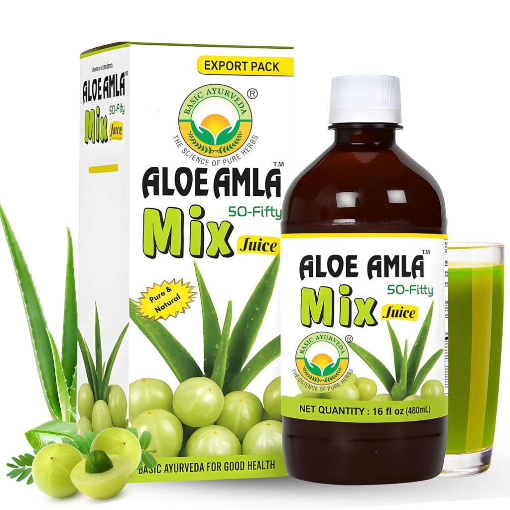 Basic Ayurveda Ērkšķogas + Aloe Vera Juice – 16.23 Fl Oz (480ml) - 50-Piecdesmit augu maisījums Immunity, Digestion & Ādas veselība - Amla & Aloe Blend - 100% Dabisks -Diena Ayurvedic Tonic