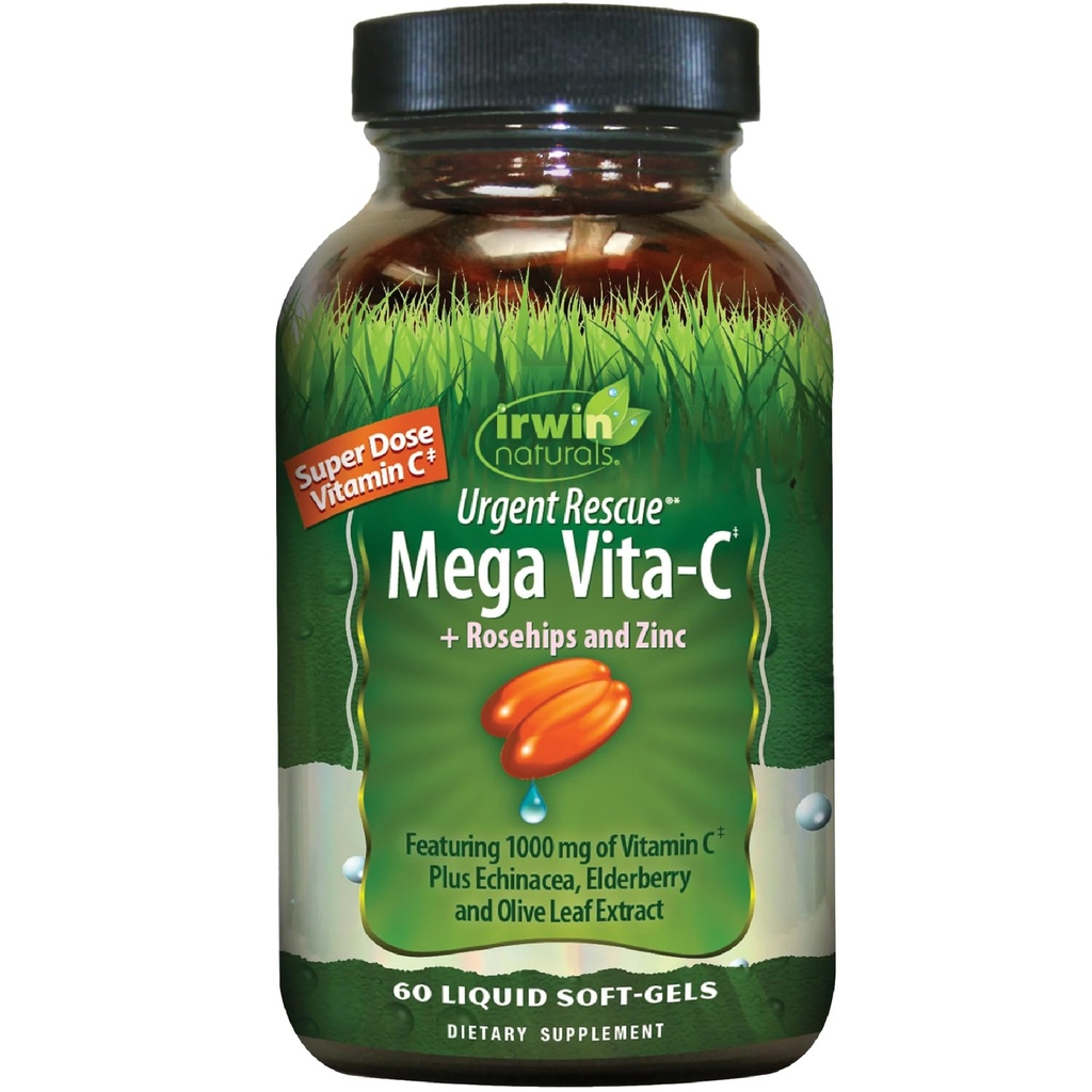 Irwin Naturals Steidzami Rescue Mega Vita-C - 60 Šķidrie softgeli - 1000 mg C vitamīna - Imūnsupport Papildinājums ar rozehipiem un cinku