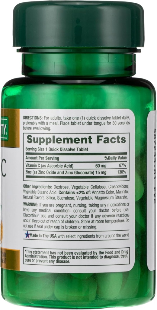 Dabas bounty, C vitamīns + cinks, atbalsta imūno veselību, vitamīnu piedevas, 60 mg, 60 tabletes (iepakojums no 2)