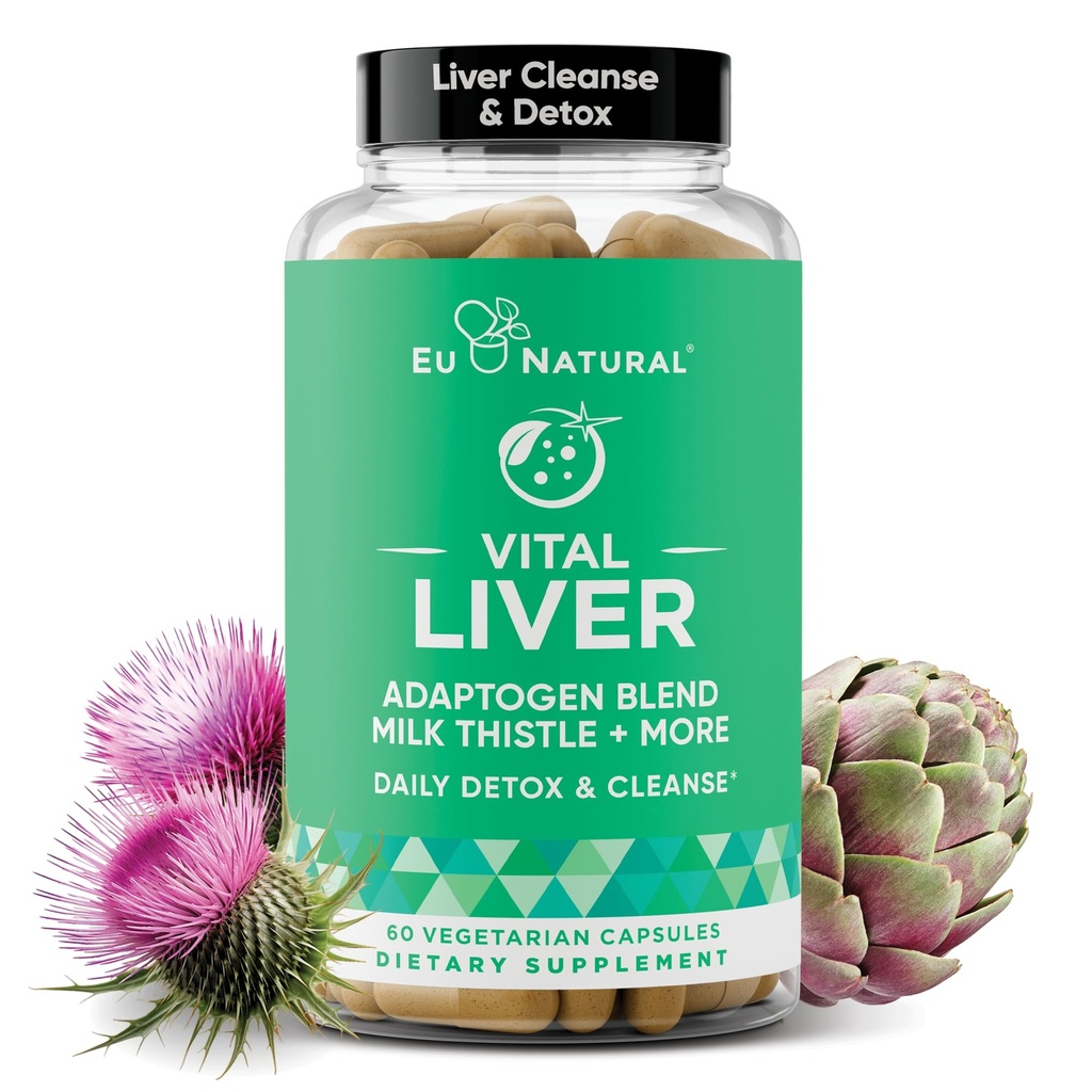 Vitāla aknu attīrīšana Detox & Remonts - 9-in-1 Aknu atbalsta papildinājums - Piena dadži, Artišoka ekstrakts, Turmeric, Adaptogens - Optimāla aknu funkcija un gremošanas veselība - 60 Vegetarian Soft Kapsulas