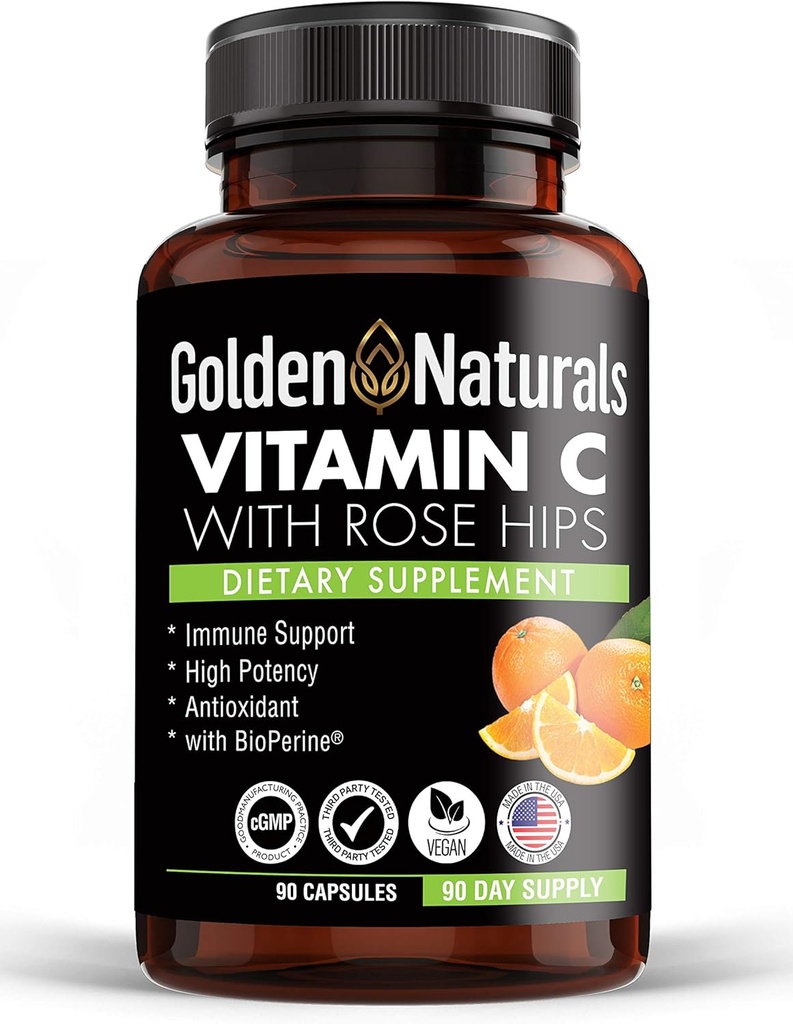 Zelta dabas vitamīns C ar visiem dabas Rose HIPS, 1000mg, imūno Boost atbalsts un spēcīgs antioksidants, augsta absorbcija ar bioperīnu, uzlabot ādas veselību, 90 kapsulas