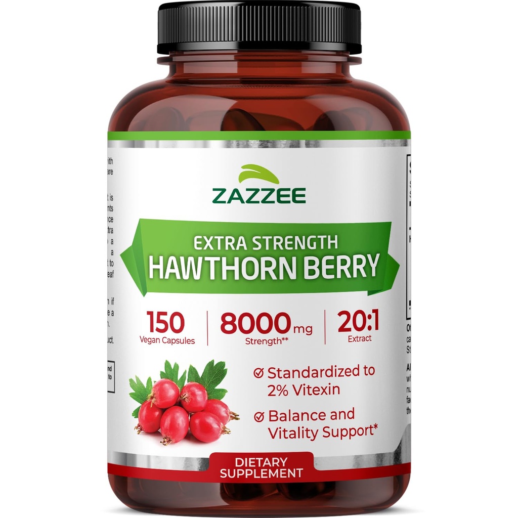 Zazzee Extra Strength Hawthorn Berry 20:1 ekstrakts, 8000 mg stiprums, 2% Vitexin, 150 Vegan kapsulas, 5 mēnešu piegādes, koncentrēts un standartizēts potents 20X ekstrakts, ne-GMO un All-Natural