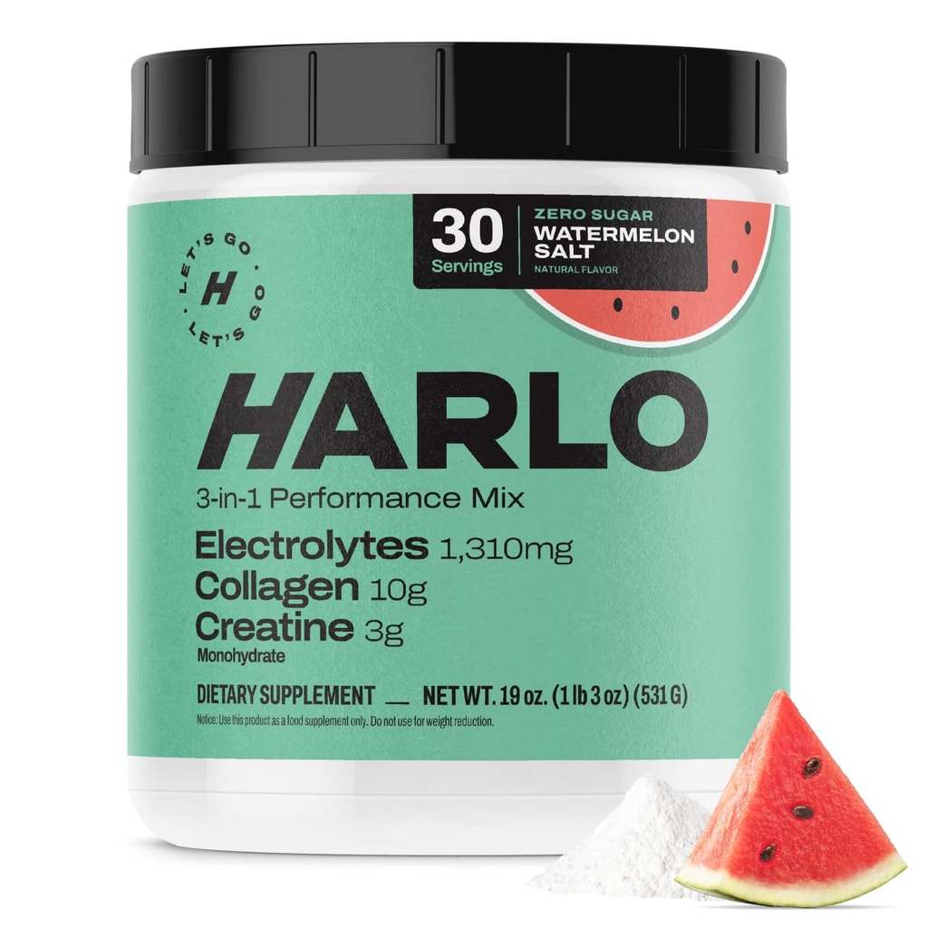 Harlo - Arbūzs Sāls Elektrolītu Dzēriens Mix w/Bovine Collagen & Creatine - Kreatīna monohidrāts Pulveris - Enerģijas Dzēriens Pulveris - Pirms treniņa Pulveris - Bezcukura Enerģijas Dzērieni - Pēc treniņa Rekuperācija
