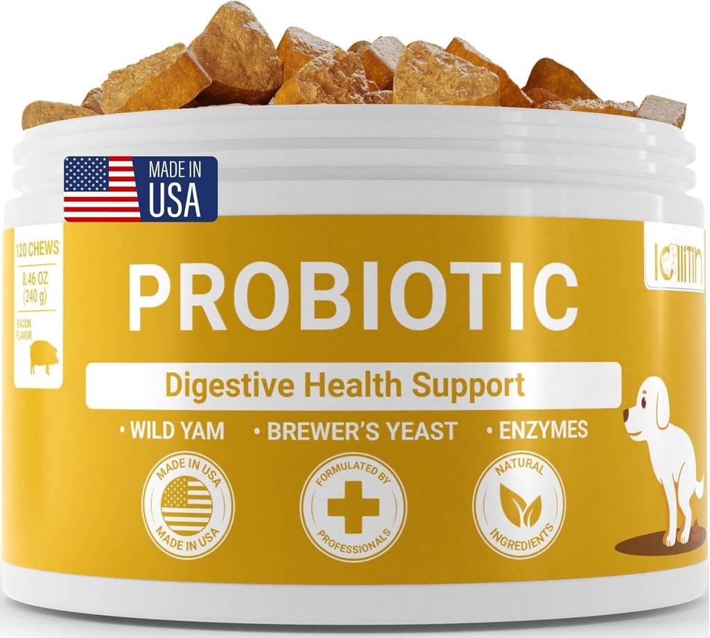 Probiotikas suņiem - Atbalsts Gut & Gremošanas Veselība, Imūnās Support - Visas Nautrāl Prebiotikas, Fiber, Fermenti Gut Flora - Caureja & Bowel Support - Bacon Flavor, 120 Chews, ar Lollitin