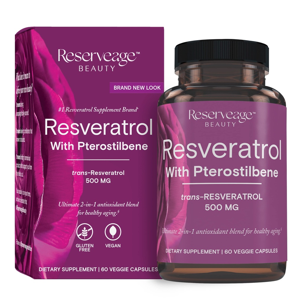 Reserveage Beauty, Resveratrol 500 mg ar Pterostilbene, Antioksidants Papildinājums Imūnsupport & Heart Health, Atbalsta Veselīga novecošana, Paleo, Keto, 60 Kapsulas (60 Servējumi)