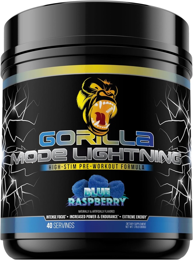 Gorilla Režīms Zibens Pre-Workout - Extreme Energy · Laser Focus · Jaudīgi sūkņi · Peak Veiktspēja - 550mg Kofeīns, 13500mg L-tirozīns, Alfa-GPC- 808g (Zils aveņu)