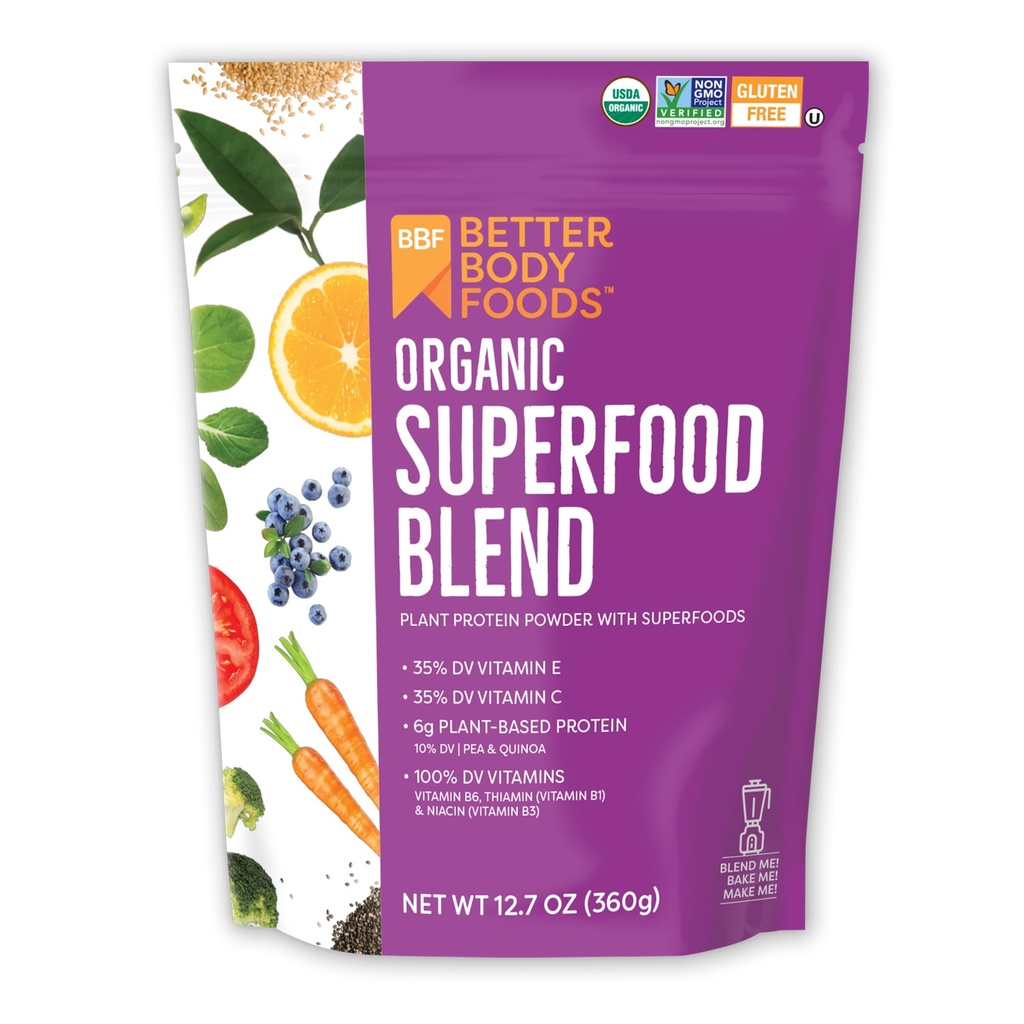 BetterBody Foods Organic Superfood Pulveris ar olbaltumvielām, vitamīniem C, E un B12 (12,7 oz.)