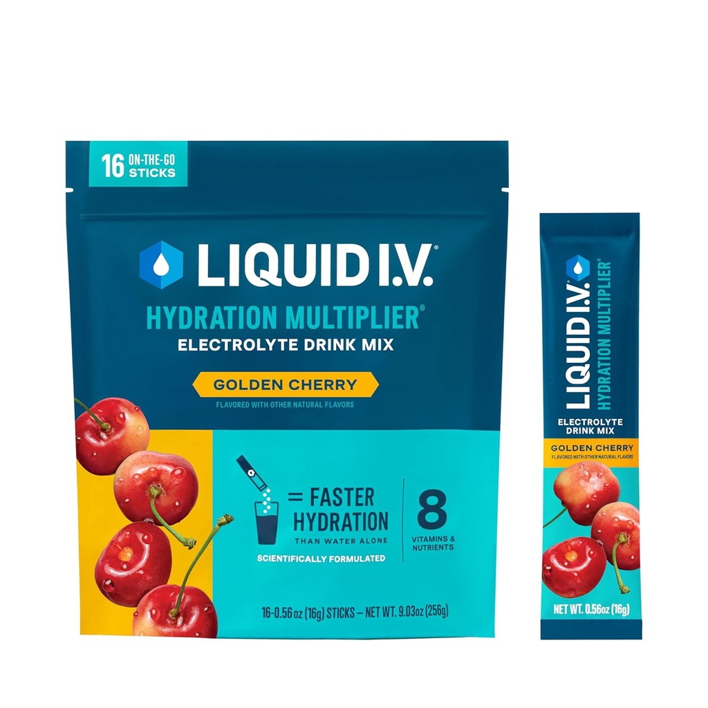 Šķidrs I.V.® Hidratācijas palielinājums® - zelta ķiršu - hidrācijas pulvera paciņas • Elektrolītu pulvera maisījums • Ērts vienkārtas uzlīmes • Ne-GMO • 16 Kalpojumi (12. iepakojumā)