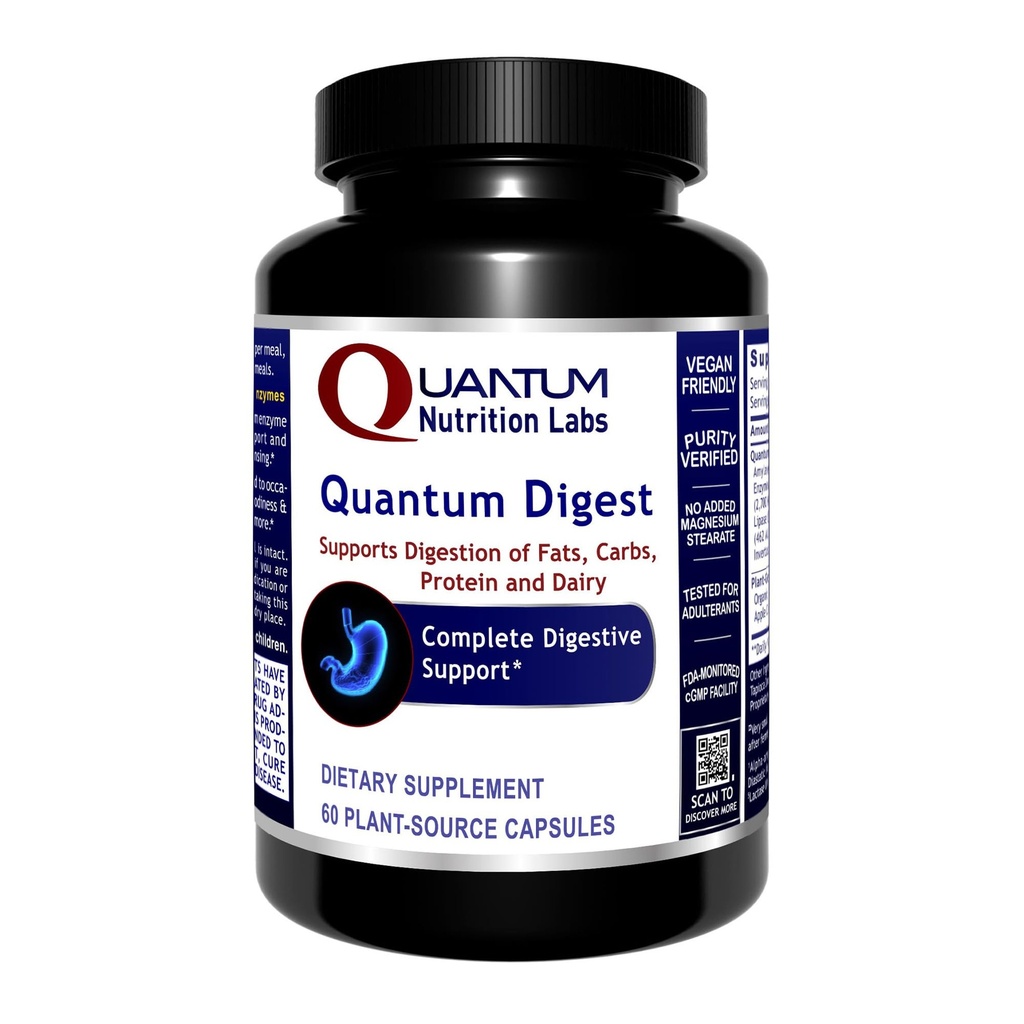 Quantum Nutrition Labs Quantum Digest - Gremošanas Veselības Fermenti sievietēm un vīriešiem, Gremošanas Atbalsts Gut Health, Pilnībā aktīvas Vegan Enzīmi Tabletes - 60 Veģetāru Kapsulas