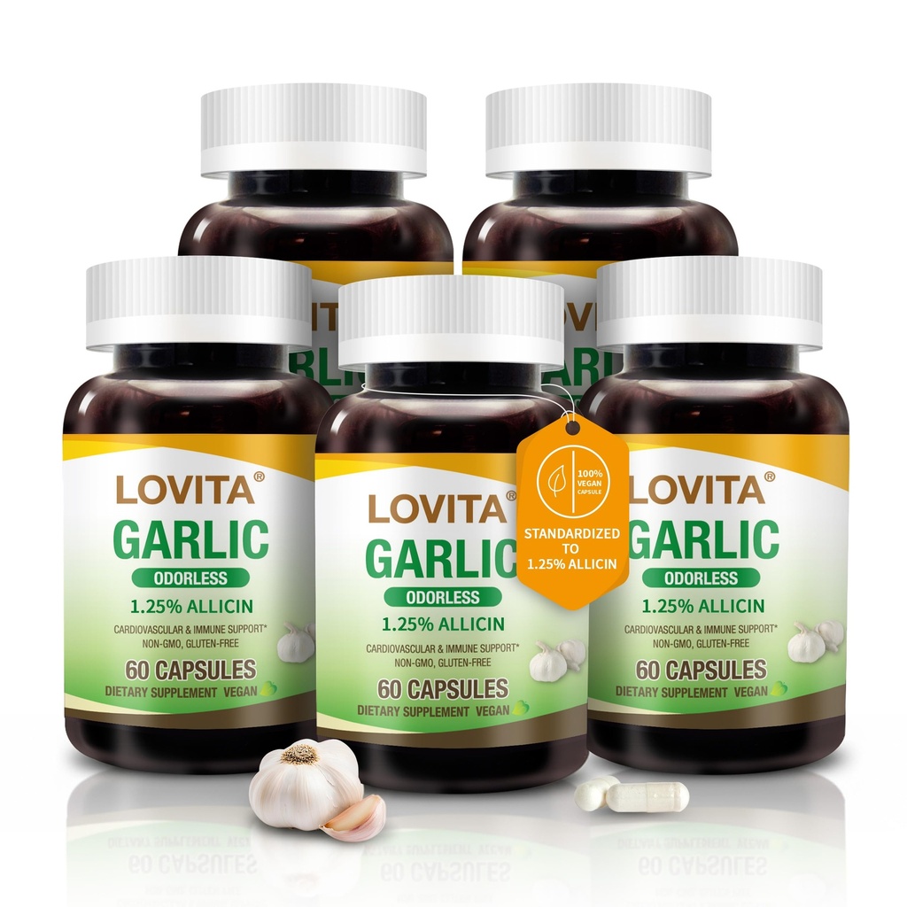 Lovita Odorless Ķiploku kapsulas, 5000 mg Svaigi Ķiploku ekvivalenti, 1,25% Allicina ekstrakts, atbalsta sirdi, asinsspiedienu, holesterīnu un imūnsistēmu, ne-GMO, bez lipekļa, 300 Vegan kapsulas