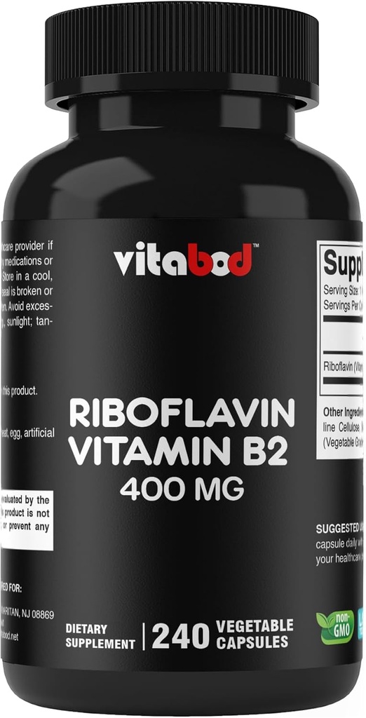 Vitamīns B2 (riboflavīns) 400 mg 240 Veģetārās kapsulas - atbalsta šūnu enerģija un sarkano asins šūnu ražošana