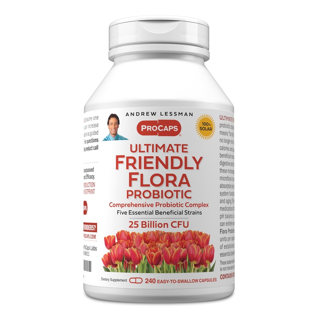 ANDREW LESSMAN Ultimate Friendly Flora Probiotic 240 Kapsulas - 25 miljardi KVV, visaptverošs piecu probiotisko celmu bloks, spēcīgs imūnās un gremošanas atbalsts. Probiotikas sievietēm vai vīriešiem