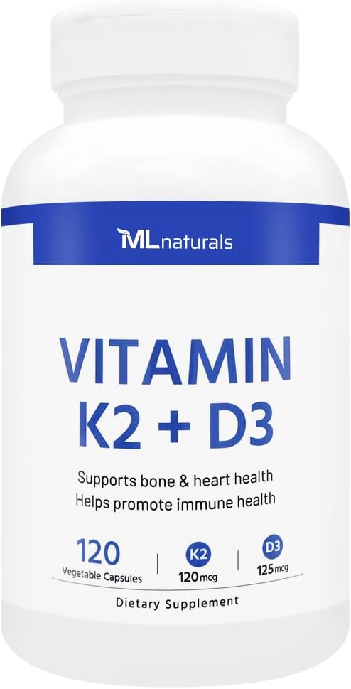 ML Naturals K2 vitamīns + D3 120 Augu kapsulas, NSF-sertificēts un cGMP-kompliants