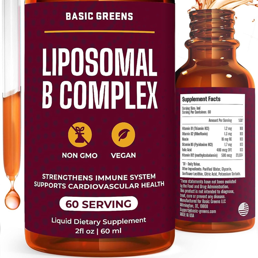 Liposomālās B Vitamīnu komplekss Šķidrums – Augsta Absorbcija enerģijai, Smadzeņu un ādas veselība, Matu un nagu, Advanced Liposomālā Piegāde, Vegan, Ne-GMO, 2 Fl Oz