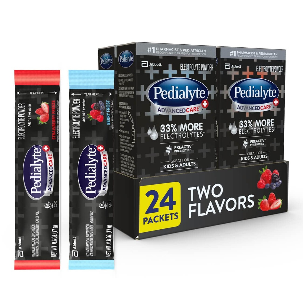 Pedialītu AdvancedCare Plus Elektrolītu pulveris, ir 33% vairāk Elektrolīti un PreActiv Prebiotikas, Variety Pack: Berry Frost un zemeņu Saldums, 24 Pulvera paketes